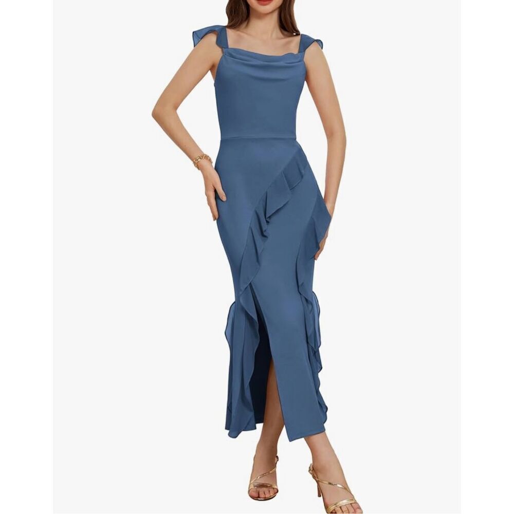 NEW Cowl Neck Sleeveless Ruffled Fishtail Slit Cocktail Maxi Dress 6